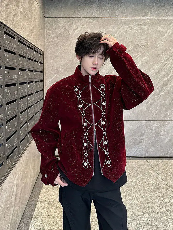 

Retro Embroidered Jaet ort Velvet Button Decorative Vintage Cardigan Spring Faion Youth Polyester Fiber Long Sve Zipper