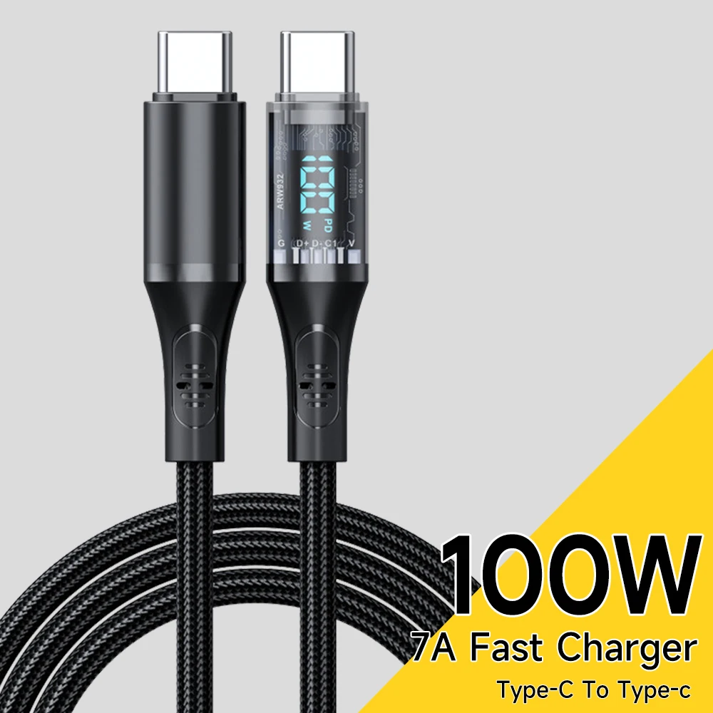 7A 100W Digital Display PD Fast Charging Type C to Type C Cable 6A 66W USB to Type C Cable For HUAWEI P50 Xiaomi Samsung Macbook