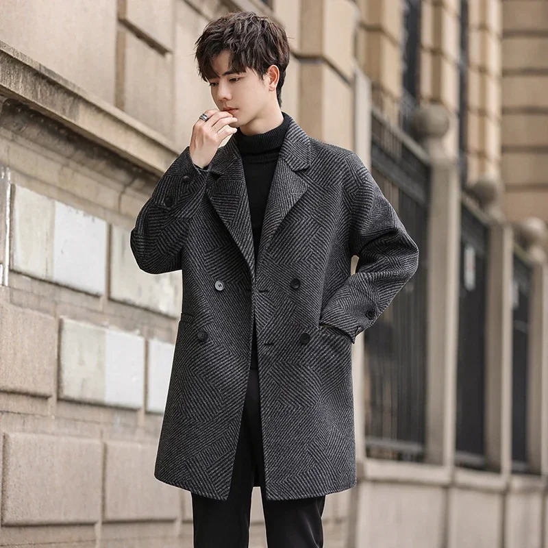 

YEAE Autumn and Winter New Men's Double-faced Wool Overcoat Woolen Windbreaker Medium-long Coat Clothes