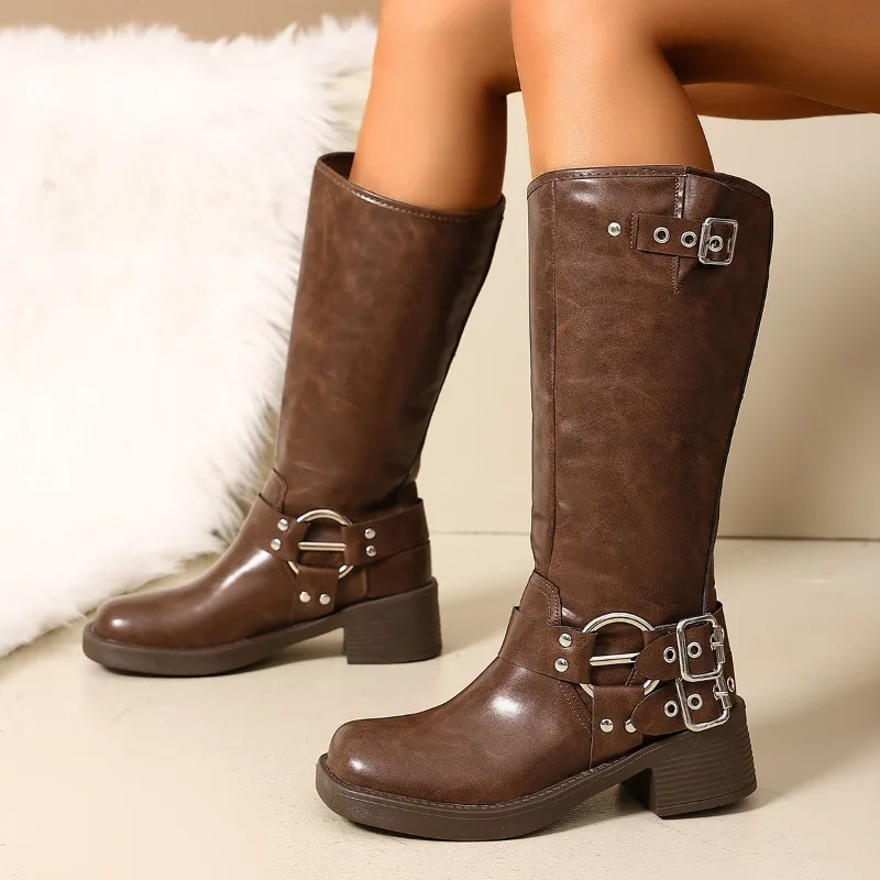 

Новинка 2025, женские модные ботинки, осенне-зимние кожаные сапоги до колена, женские ботинки на массивном каблуке с пряжкой и ремешком Женские Ботинки