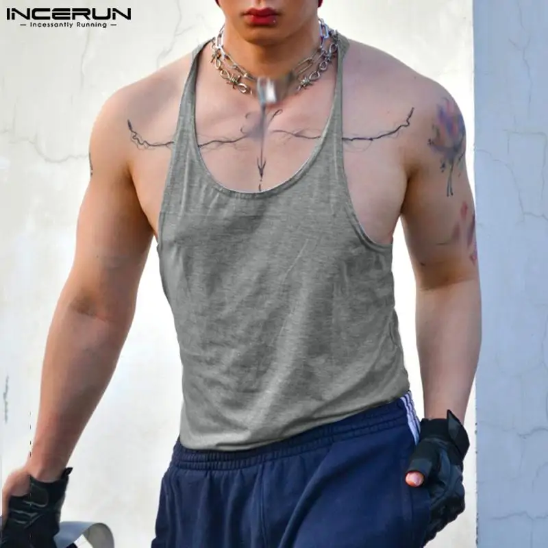 INCERUN Tops 2023 Estilo Coreano Homens Fino Cinto Sólido Casual Corrida Esporte Colete Bonito Masculino Racerback Mangas Coletes S-5XL