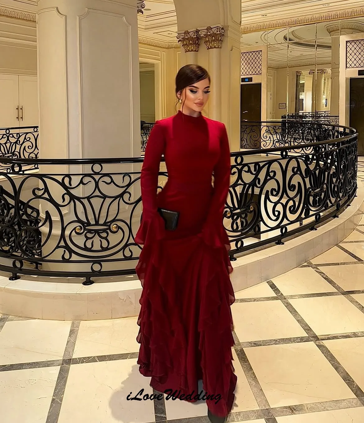 

Red High Formal Women Prom Dresses 2025 Elegant Ruffles Long Sleeve Elegant Party Dress For Woman Floor Length Gala Customized
