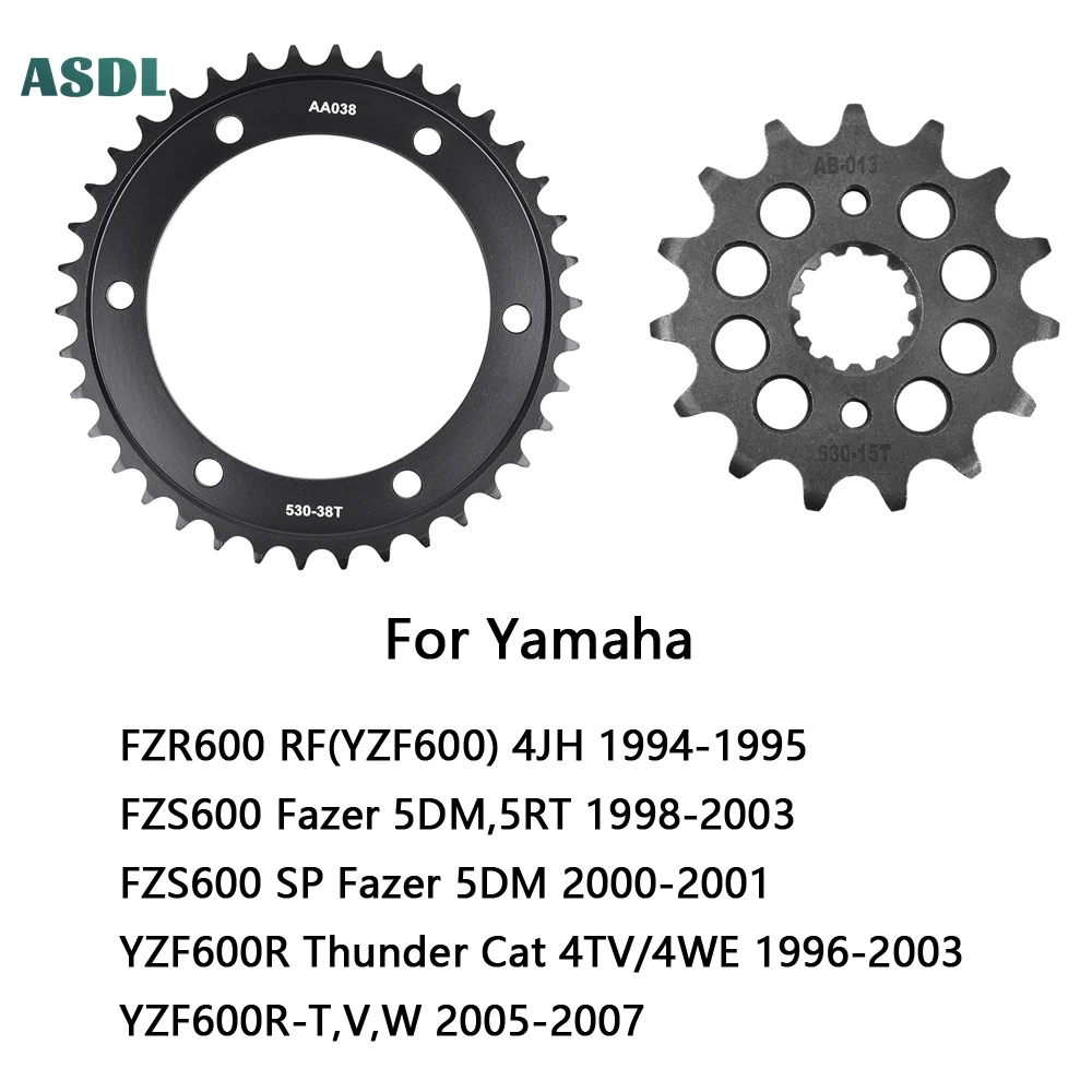 

530 38T 15T Motorcycle Front Rear Sprocket for Yamaha FZR600 RF YZF 600 4JH 1994-95 FZS600 Fazer YZF600R Thunder 96-07 YZF600R-T