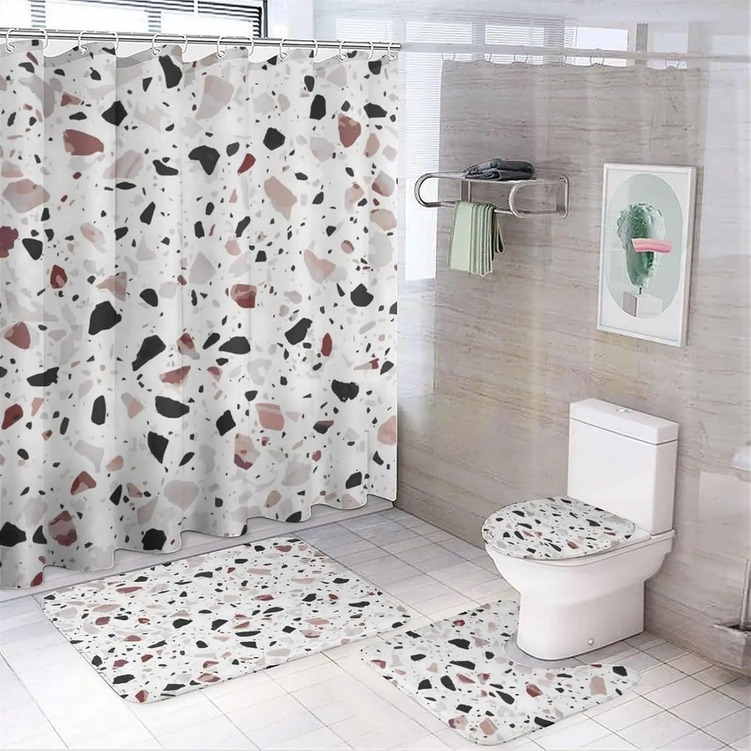 

Bathroom Set, Red Terrazzo Printed Bathroom Set,Bathroom Set 4-Piece Set,Bathroom Set with Shower Curtain and Carpet