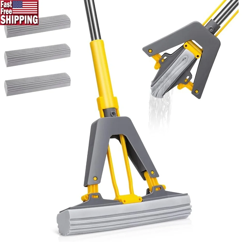 

Губчатая швабра с 3 насадками из ПВА, самовыдавливающаяся швабра, ручка из нержавеющей стали, впитывающая швабра для чистки пола, плитка, ламинат, дерево