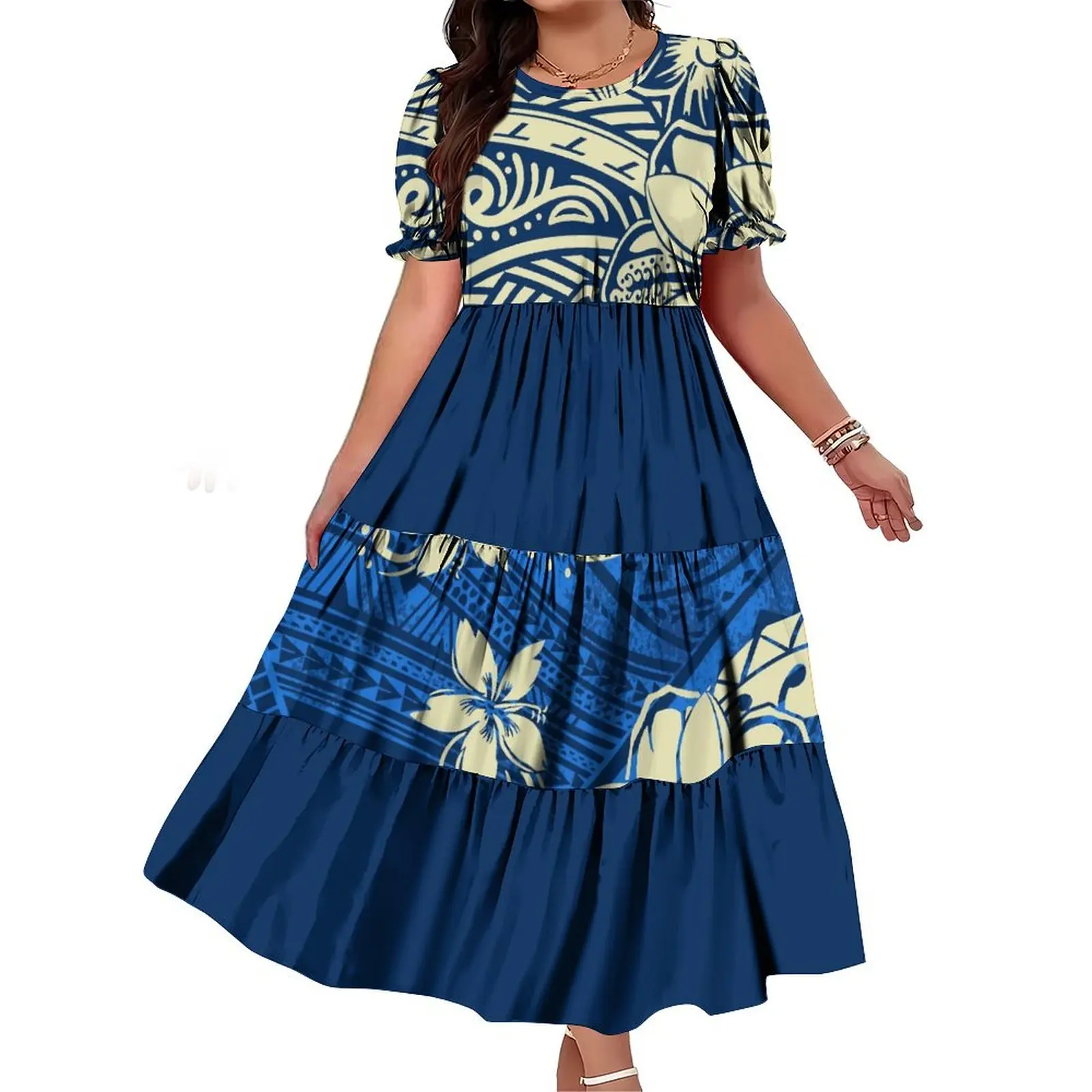 1개 최소 주문량 도매 맞춤 디자인 플리츠 드레스 폴리네시아 여성 드레스 멀티 티어드 퍼프 반팔 파티 드레스 뉴질랜드 드레스