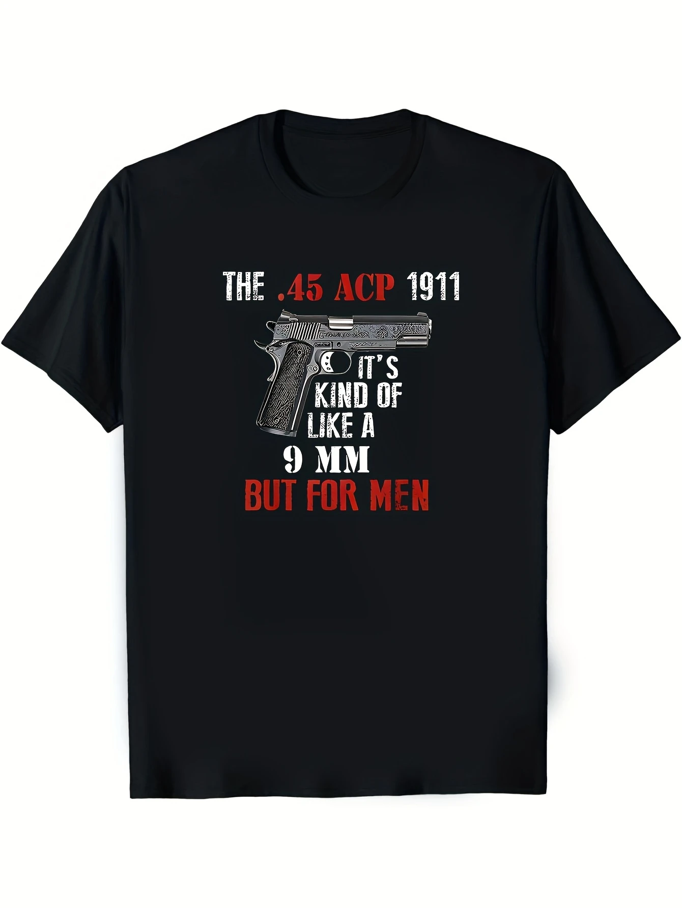 Men'S 100% T-Shirt, .45 Caliber 1911 Pistol Print, Round Neck, Black, Fabric Weight 180G