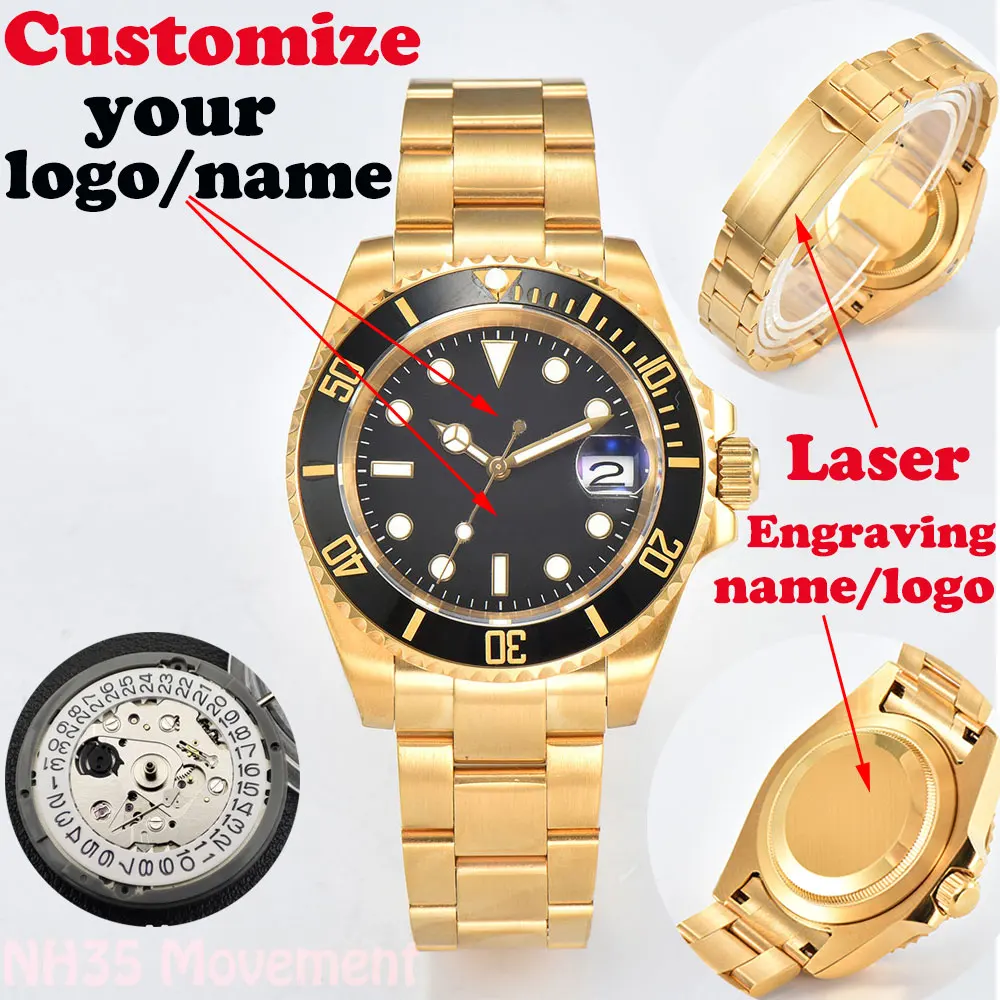 custom logo 40mm watch 316L stainless steel case with ceramic border NH series 35 movement sapphire glass waterproof man watch