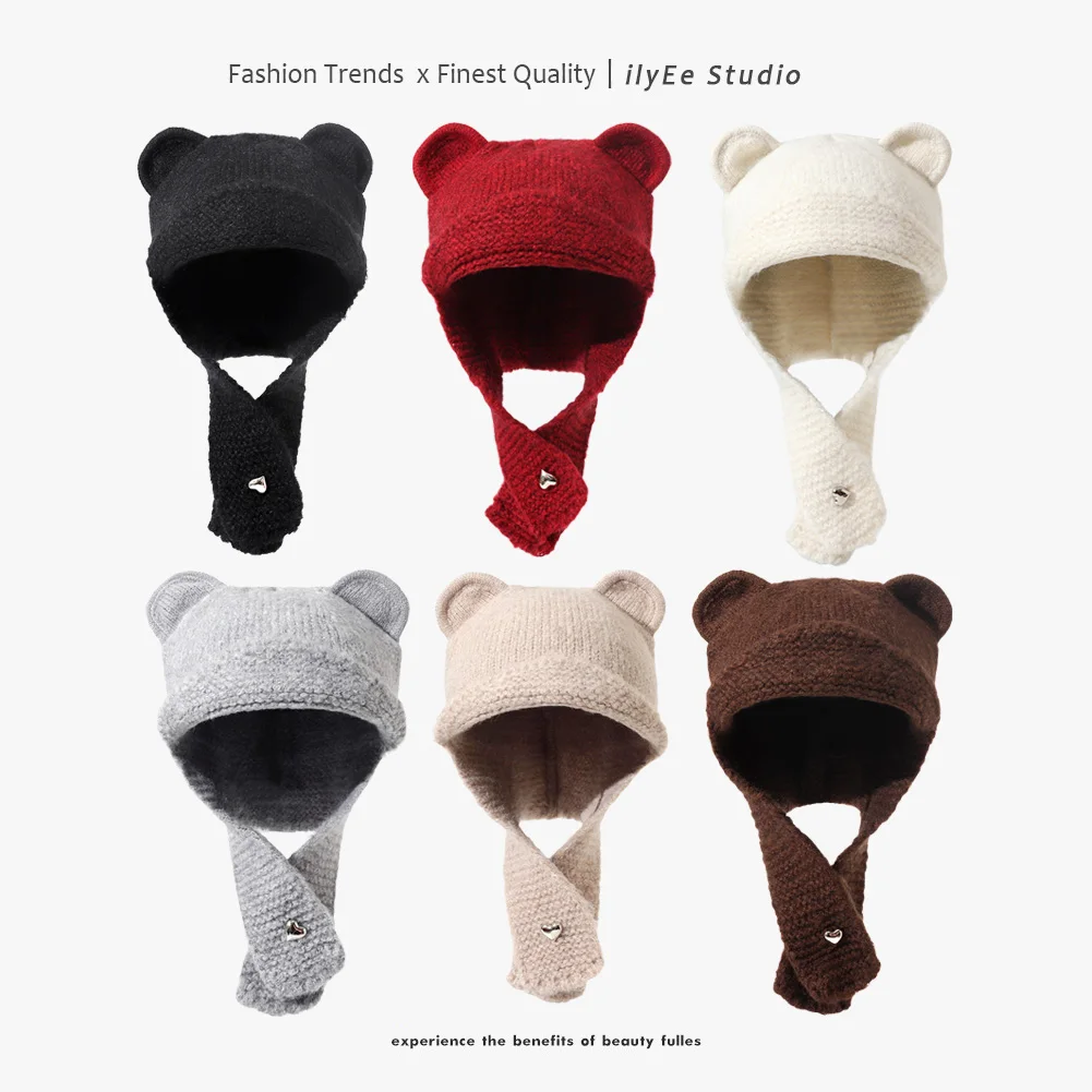 Fashion Cute Bear Ear Knitted Hats for Men Women Y2K Outdoor Windproof Ski Bomber Hat Winter Ear Protector Warm Beanie Skull Hat