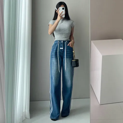 High Waist Wide Leg Loose Fit Straight Cut Jeans Women's Casual Cotton Denim Pants Side Stripe Drawstring Design Washed Effect