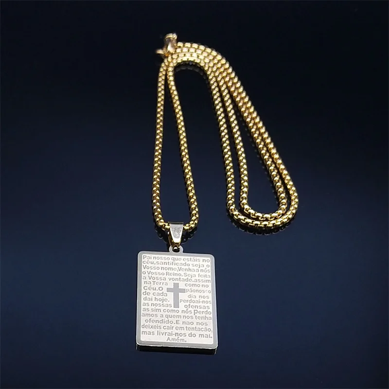 Chrisitian Cross Bible Verse Prayer Necklace Stainless Steel Portuguese Religious Necklaces Jewelry collar hombre N2035S02 view 3