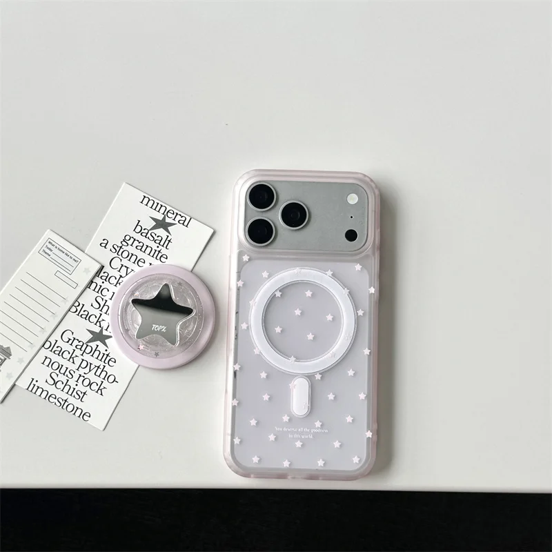 

Fashion iPhone case Pink Star Print Magnetic Phone Case With Star Stand For IPhone 17 16 15 Pro Max Shockproof Protective Cover