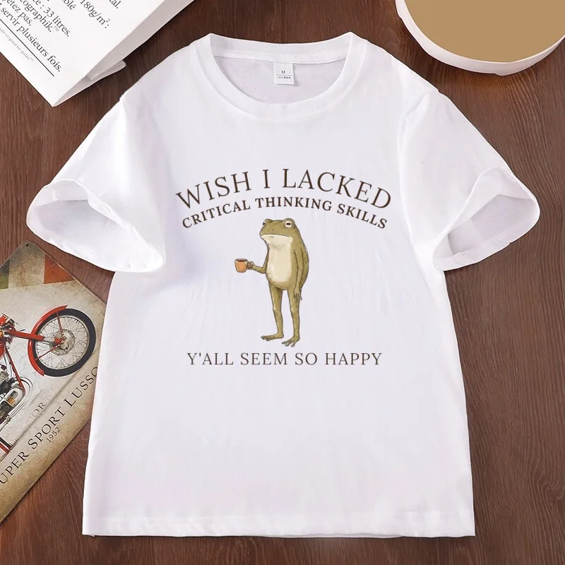Ich wünschte, ich hätte keine Fähigkeiten zum kritischen Denken T-Shirt Lustiges Frosch-Meme Grafik-T-Shirt Baumwolle Kurzarm Bedrucktes Rundhals-T-Shirt – Detail 4