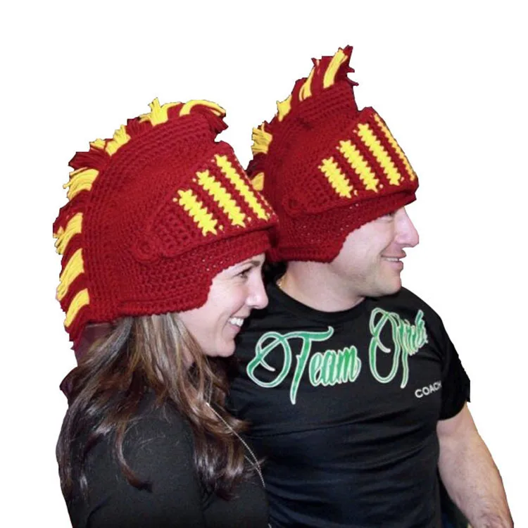 Red Tassel Cosplay Roman Knight Knit Helmet Men's Caps Original Barbarian Handmade Winter Warm Beard Hats Funny Beanies view 2