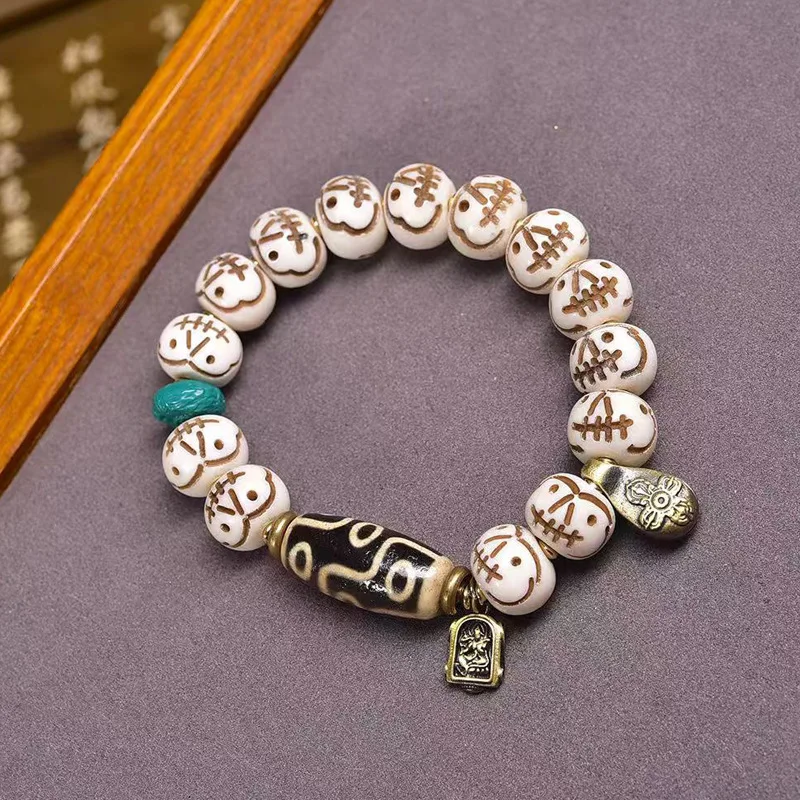 Backflow Carving A Dai Crafts Single-Wrap Dzi Bead Turquoise Yak Bone Accessories Rosary Bracelet