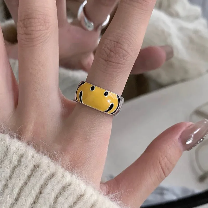 2024 New Arrival Trendy Yellow Smile Face 925 Sterling Silver Female Party Ring Best Gifts For Girlfriend Never Fade Cheap