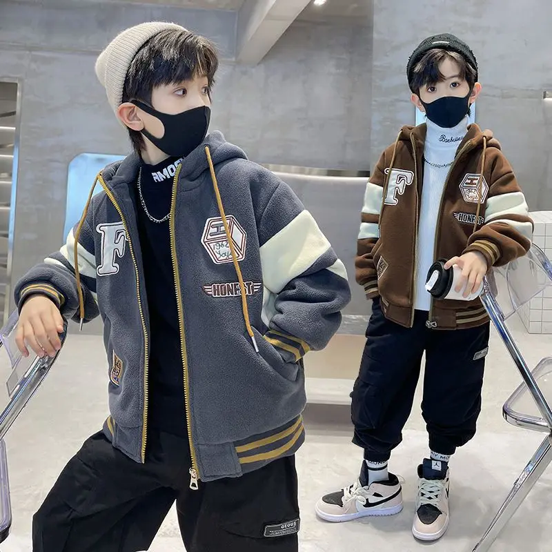 

Kids Teenage Boys Kids Coat Jacket Overcoat Woolen 2023 Fashion Hooded Warm Plus Thicken Coats Winter Plus Children's Clothing