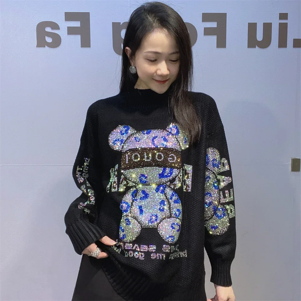 

Модный осенне-зимний свитер, женская одежда в ленивом стиле, пуловер с рисунком медведя и бриллиантов, свободный топ Свитер Длинный Женский