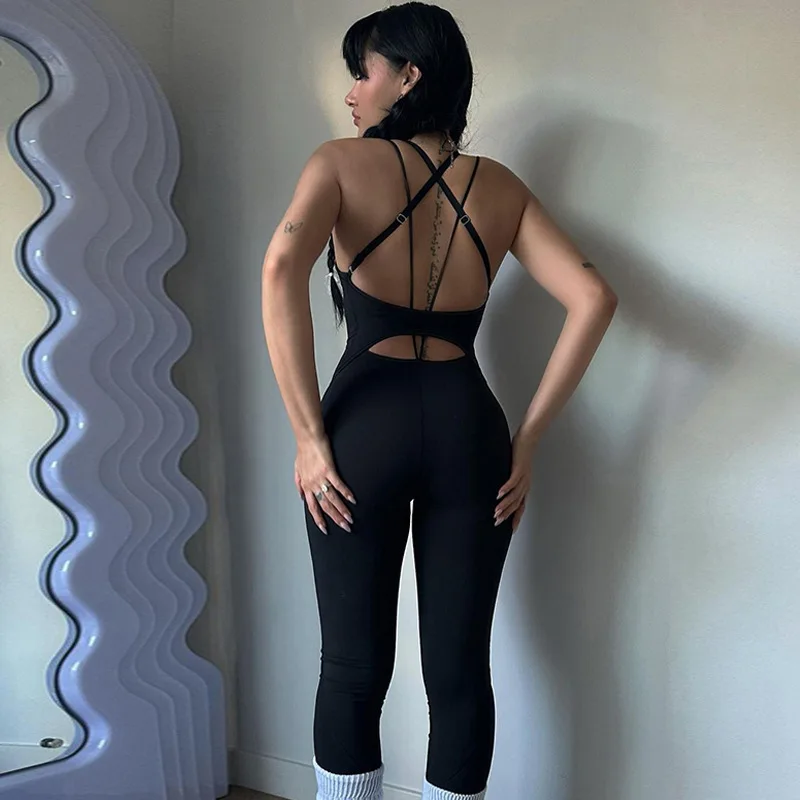 

2024 New Sexy Solid Color Tight Yoga Shaping Sexy Cross Back Gothic Sports Sling Jumpsuit Trousers Women Y2k Clothes NWQ112