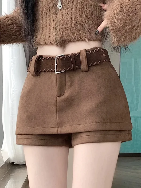

Fashionable Suede Short Pants Women's High Waist Trousers Korean Style Autumn Winter High Quality All Matched Skirt