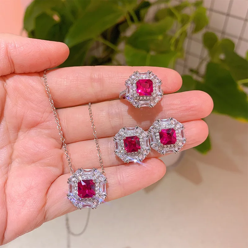 

Red Pigeon Blood Micro Pave Diamond Pendant Emerald Earrings Ring Necklace Jewelry Set