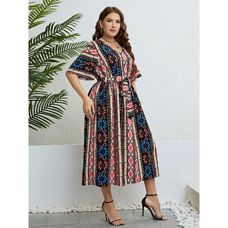 WSFEC L-4XL Bohemia Women Clothing Plus Size Dresses Fashion Printing Short Sleeve Bandage Summer Casual Midi Dress Dropshipping