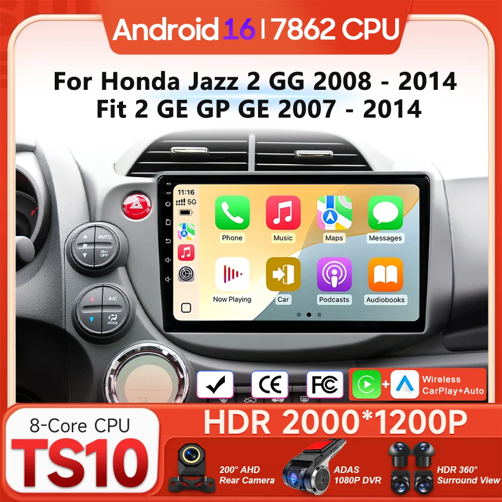 

Мультимедийный проигрыватель Android 16 для Honda Jazz 2 GG 2008-2014, Fit 2 GE GP GE 2007-2014, с Carplay, радио, видео, навигацией и GPS