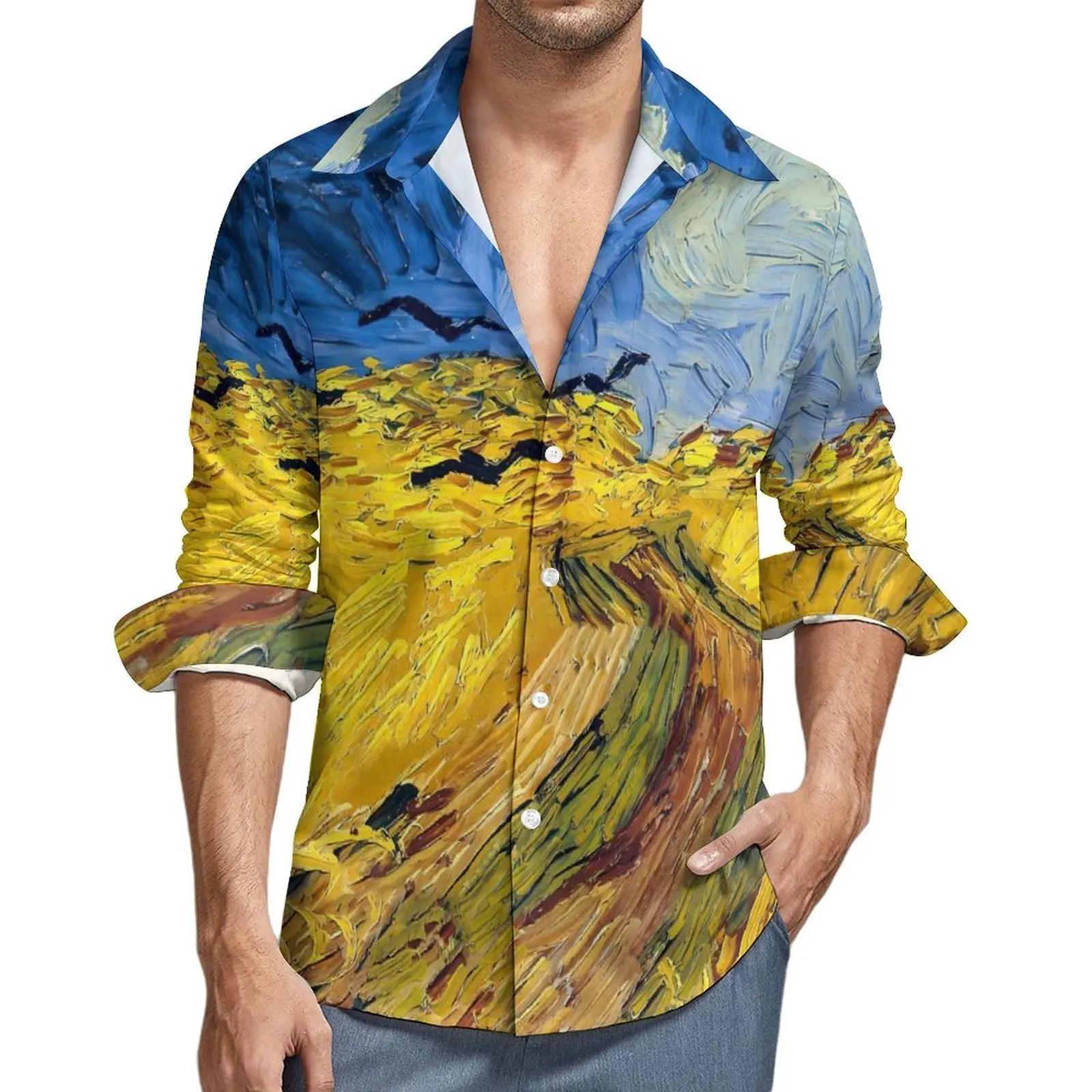 Chemise décontractée à manches longues pour hommes, chemise de terrain de blé avec corbeaux, chemisiers de rue d'automne, cadeau de nouveauté, Vincent Van Gogh