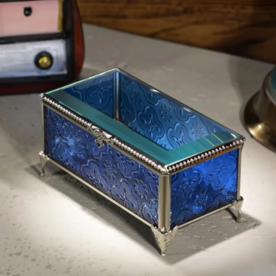 Glass Vintage Jewelry Box Keepsake storage Trinket Ring Display Box Home Decor Embossed Clear Glass Box Organizer 6.5x3.5x3.3In