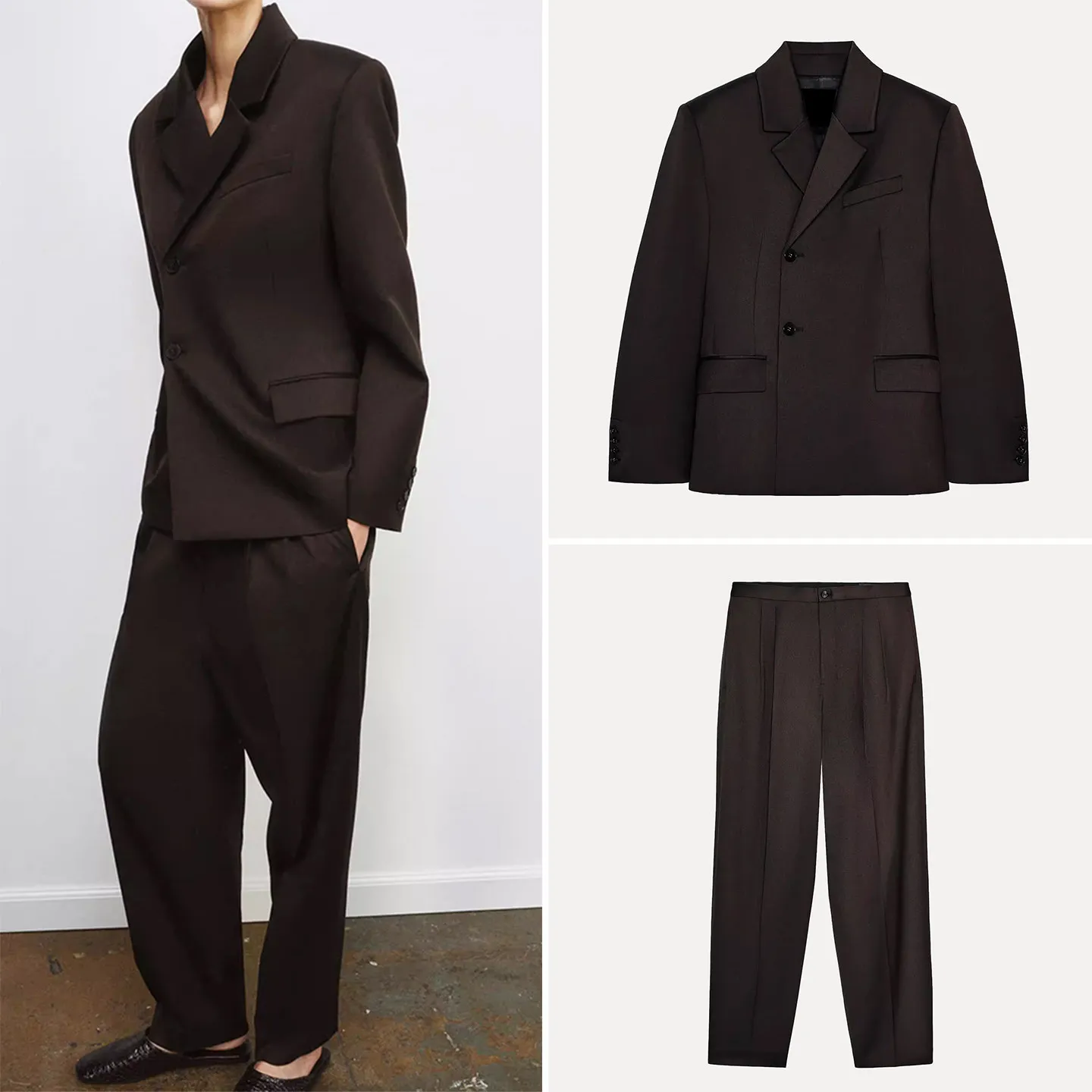 

Женский модный комплект: двубортный пиджак и плиссированные брюки с высокой талией, длинными рукавами, на пуговицах, однотонный, весна 2026
