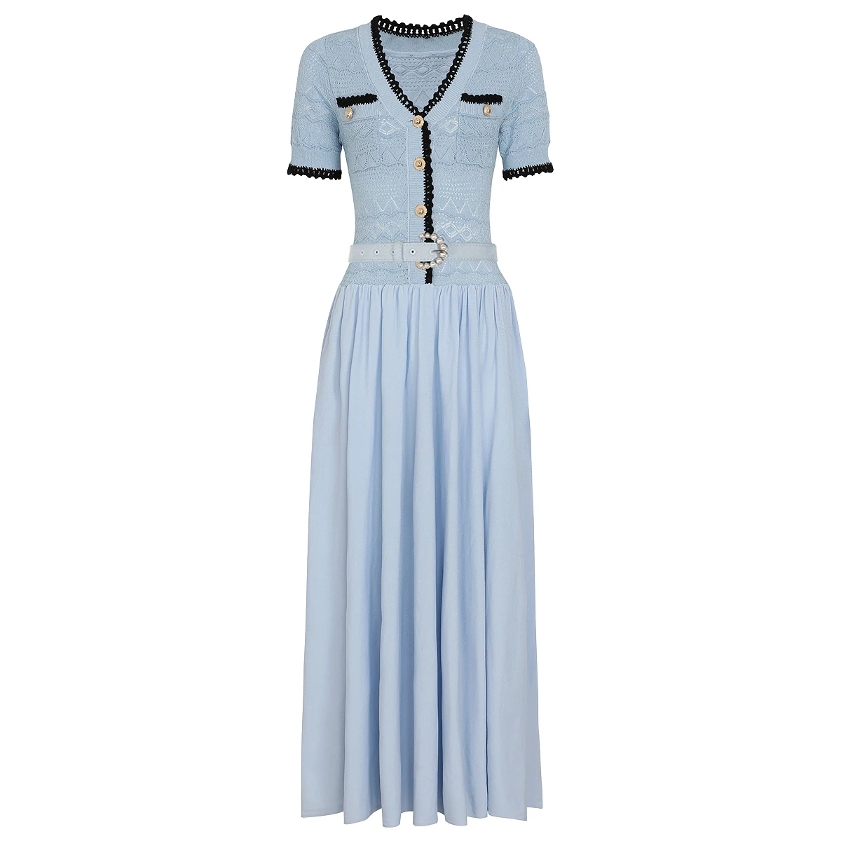 26195 Hochwertiges Sommerkleid für Damen mit V-Ausschnitt und Kurzen Ärmeln, Maxilänge, Schmeichelhafter Schnitt mit Gürtel, Elegantes Socialite-Outfit für den Alltag
