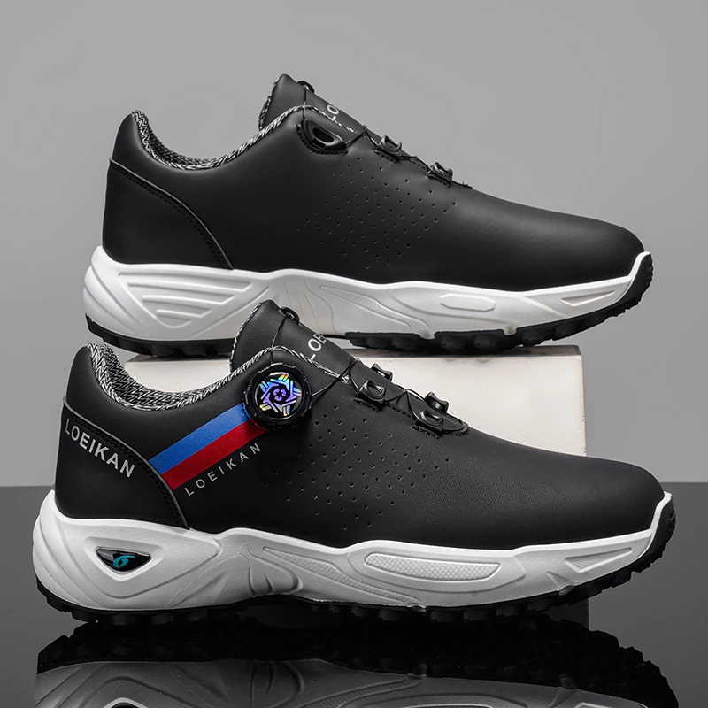 Men Rotary Buckle Golf Shoes Waterproof Leather Breathable Air Cushion Non Slip Golf Training Sneakers 2 Colors