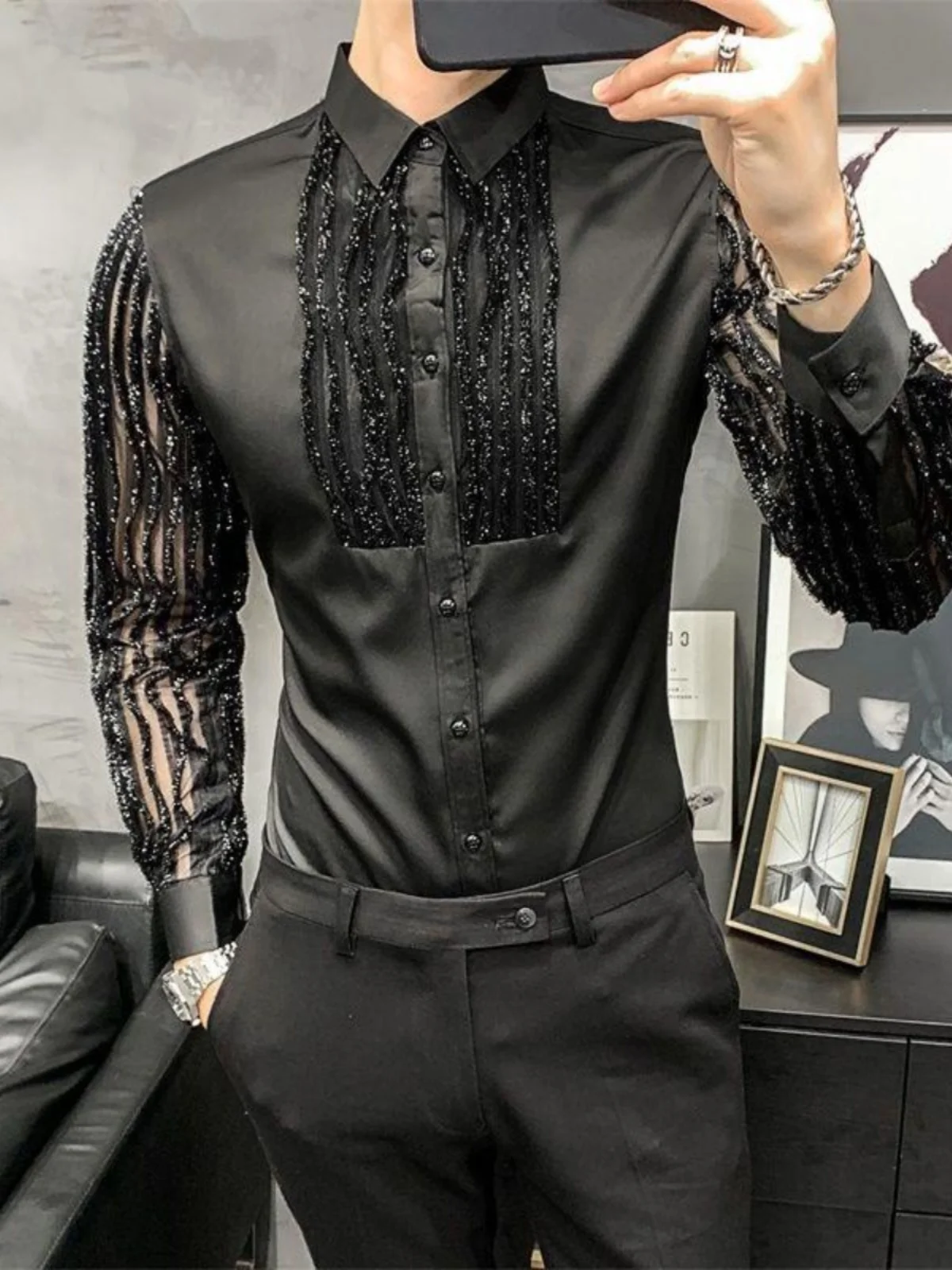 

Весенне-осенняя мужская рубашка нового стиля с кружевными вставками, приталенная, немнущаяся, с глянцевой поверхностью, в корейском трендовом стиле, для парикмахеров, персонализированная