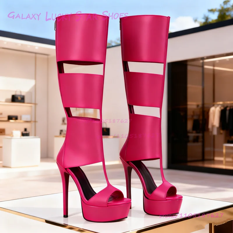 

Bright Pink Leather Openwork Boots Cute Girls Platform Open Heels Black Striped Square Leopard Print Zipper Party Stage Shoes