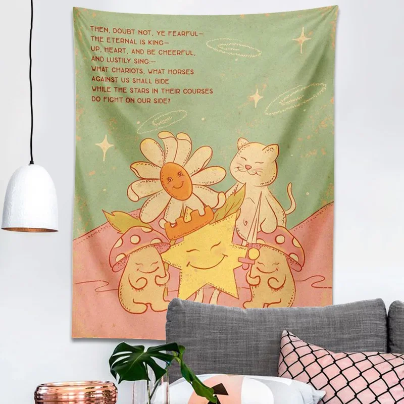 Cute mushroom Cat Tapestry Wall Hanging Star flower cartoon Sunlight Aesthetic Room Decor Tapestries Children's room Hoom Decor