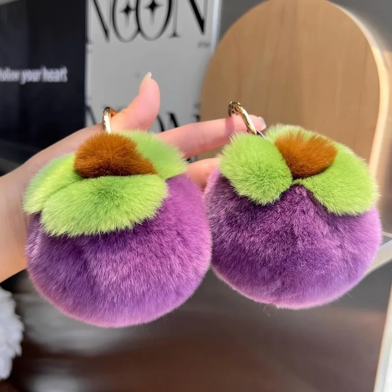 Cute real otter rabbit fur little mangosteen car keychain, trendy plush ball doll backpack accessory gift