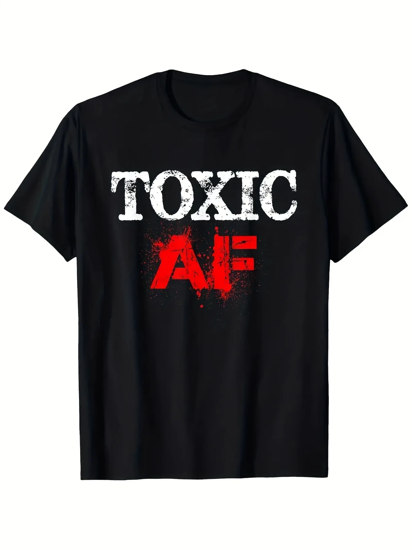 Toxic Af Graphic Print Black T-Shirt - Distinctive Vintage-Style Typography with Red Splatter Design, Regular Fit Round Neck Casual T-Shirt, Unisex, Machine Washable, Suitable for Outdoor Activities and Everyday Wear, Retro T-Shirt, Fabric Suitable for All Seasons