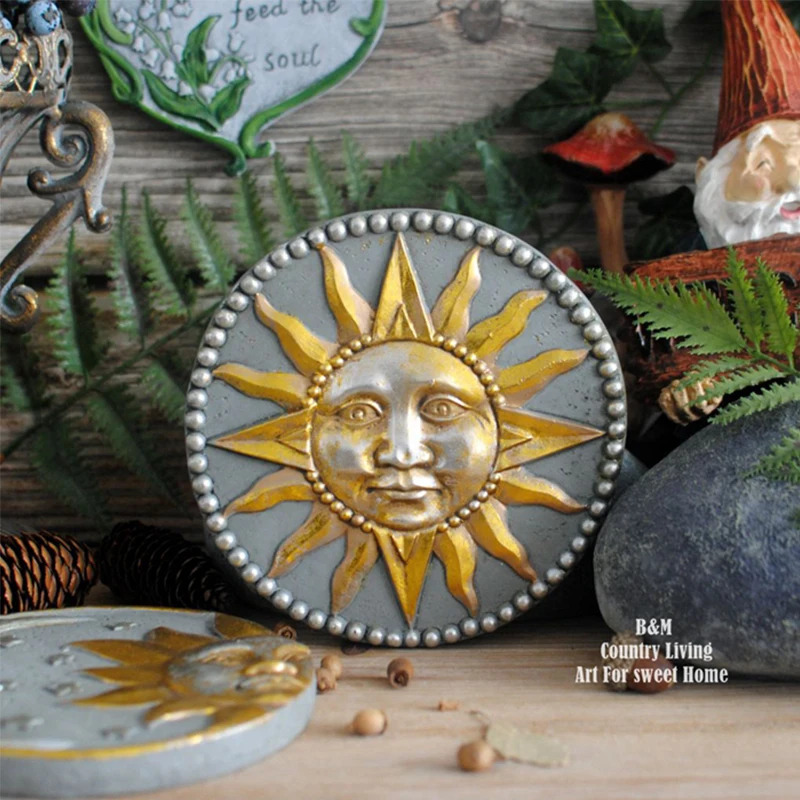 Retro Cement Material Garden Decoration Hand Painted Gold Color Sun Moon Wall Plate Home Decorative Crafts Figurines