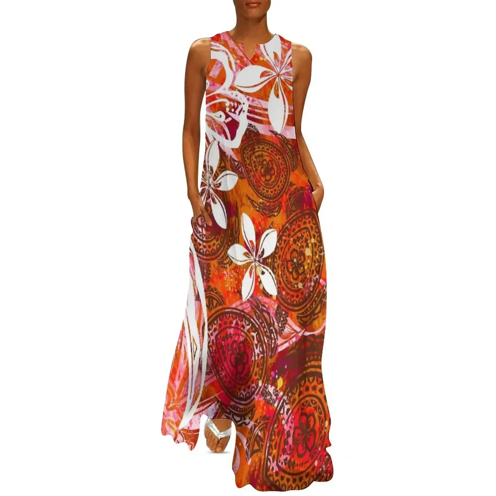 

Hawaiian - Samoan - Polynesian Lava Ocean Honu Tribal Long Dress Prom gown Women's summer long dress womens dress