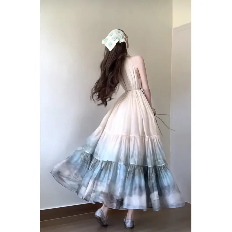 New Chinese style printed dress with a hanging neck  long skirt for vacation large swing half skirt