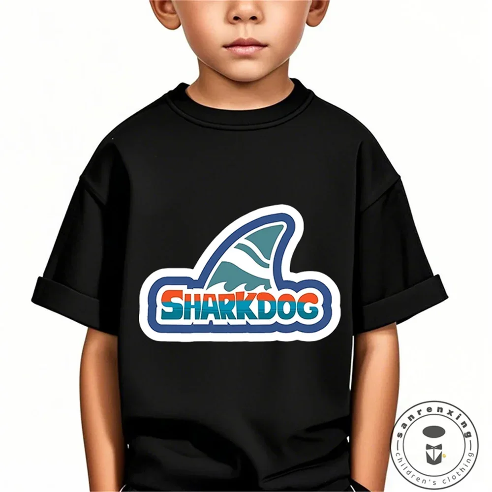 

Cute Boys Girls Kawaii Sharking with Sharkdog Cartoon Print Children'S Tshirt Summer Baby Clothes White Short Sleeve Tops