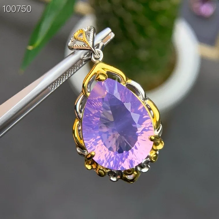 Natural Lavender Quartz Pendant 15x20mm 925 Silver Two-tone Plated Handcrafted Teardrop Gemstone Necklace Pendant for Women