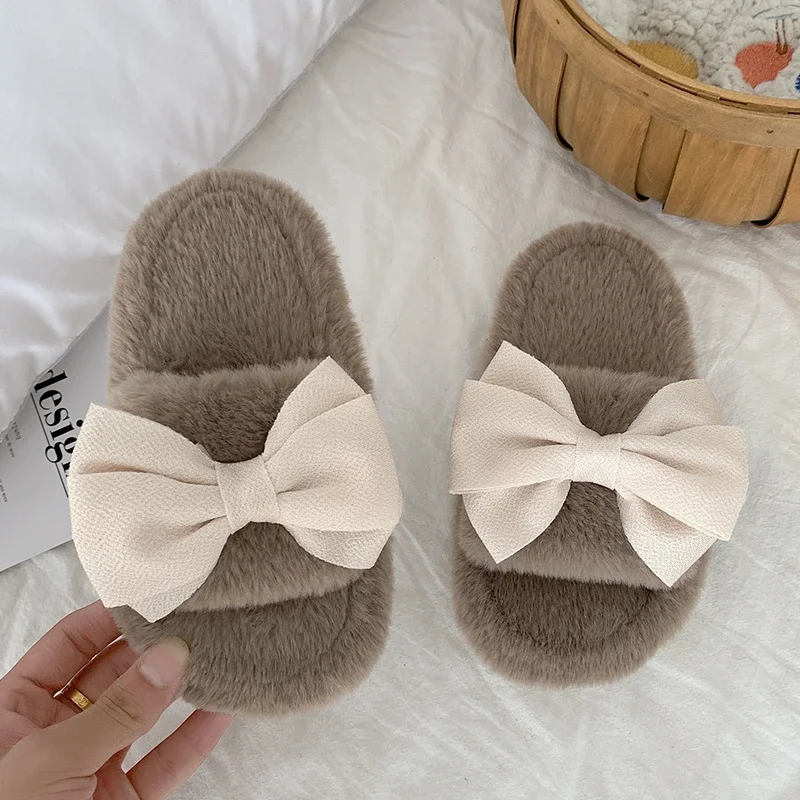 Mumoresip Winter Kids Warm Flat Slippers Open-toe Little Girls Fashion Cotton Shoes with Bowknot Soft Flurry Children Slippers