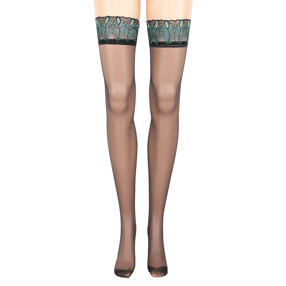 

Hottest Sexy Embroidery Lace Anti Slip for Women Ladies Peacock Feathers Stocking Striped Over Knee Stockings Thigh Highs