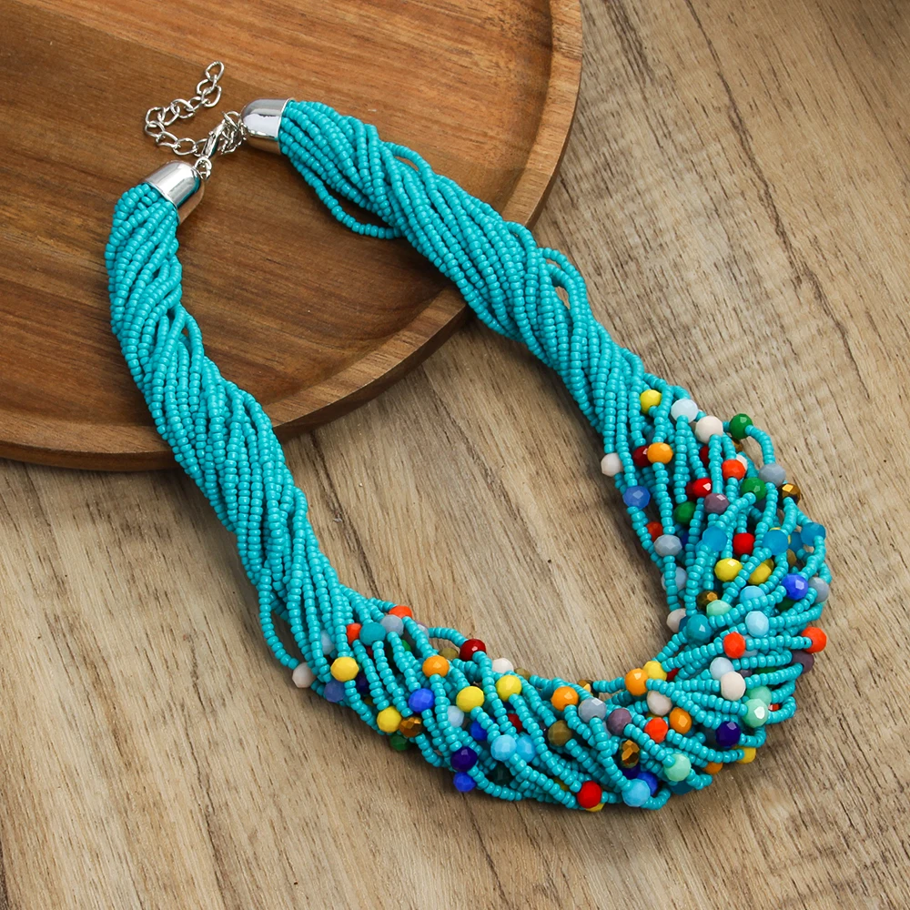 Fashion Bohemian Ethnic Style Exaggerated Women Jewelry  Multilayer Rice Beads 6mm Colored Glass Beaded Necklace Handmade Choker