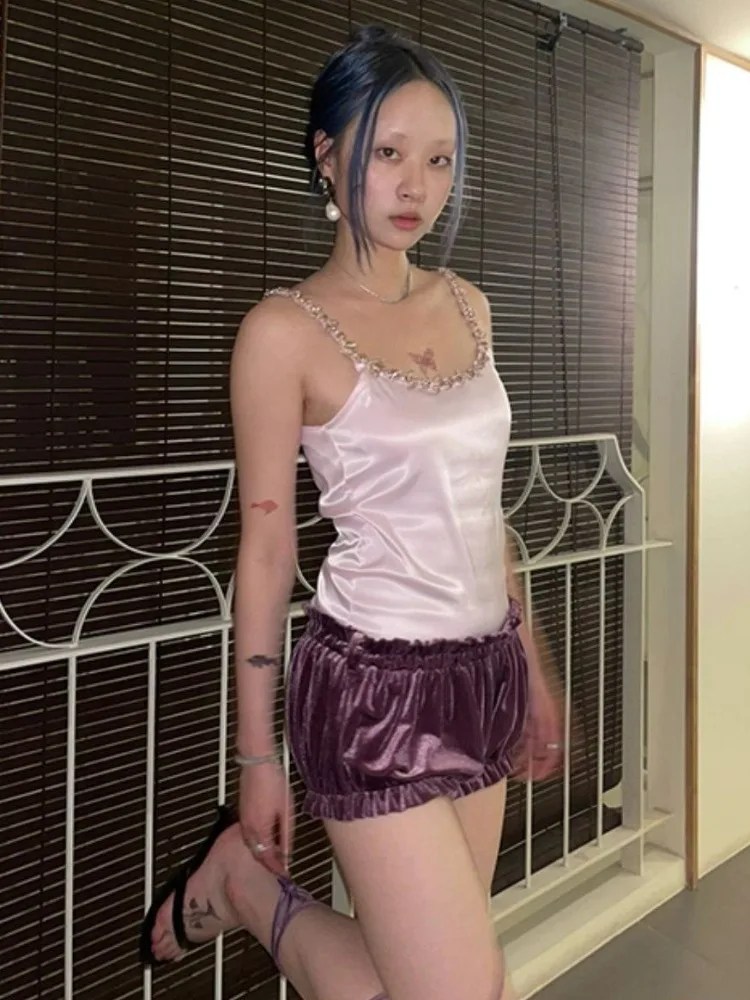 Japoński Y2k diamentowy Tank Top kokietka z lat 2000. Różowe topy Harajuku estetyczne urocze koszulki na koszulkę 00s Vintage letnie topy Lolita