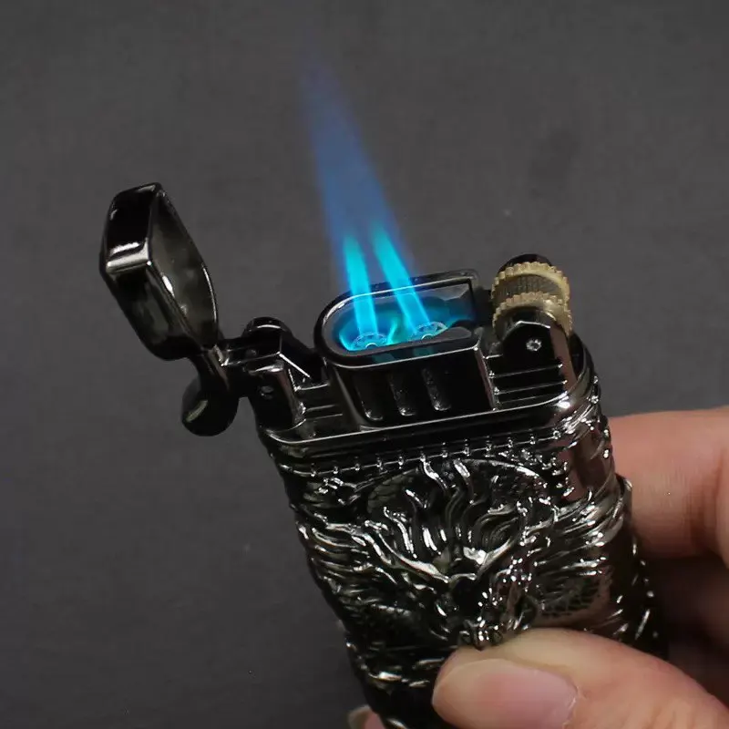 Double Flame Windproof Inflatable Lighter with Dragon Shaped Appearance Made of Metal Material Outdoor Portable Lighter