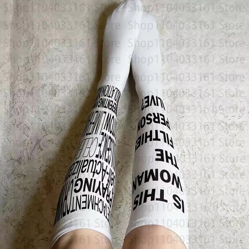 Y2K style white graffiti letter print long socks Harajuku knee high socks Y2K cosplay cute socks Kawaii punk fashion emo