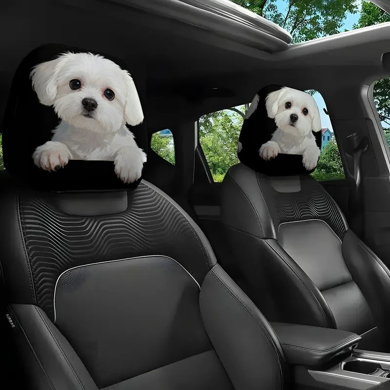 2pcs/4pcs White Dog Print  Headrest Covers, 2D Flat Elastic Material, Washable and Easy to Install,
