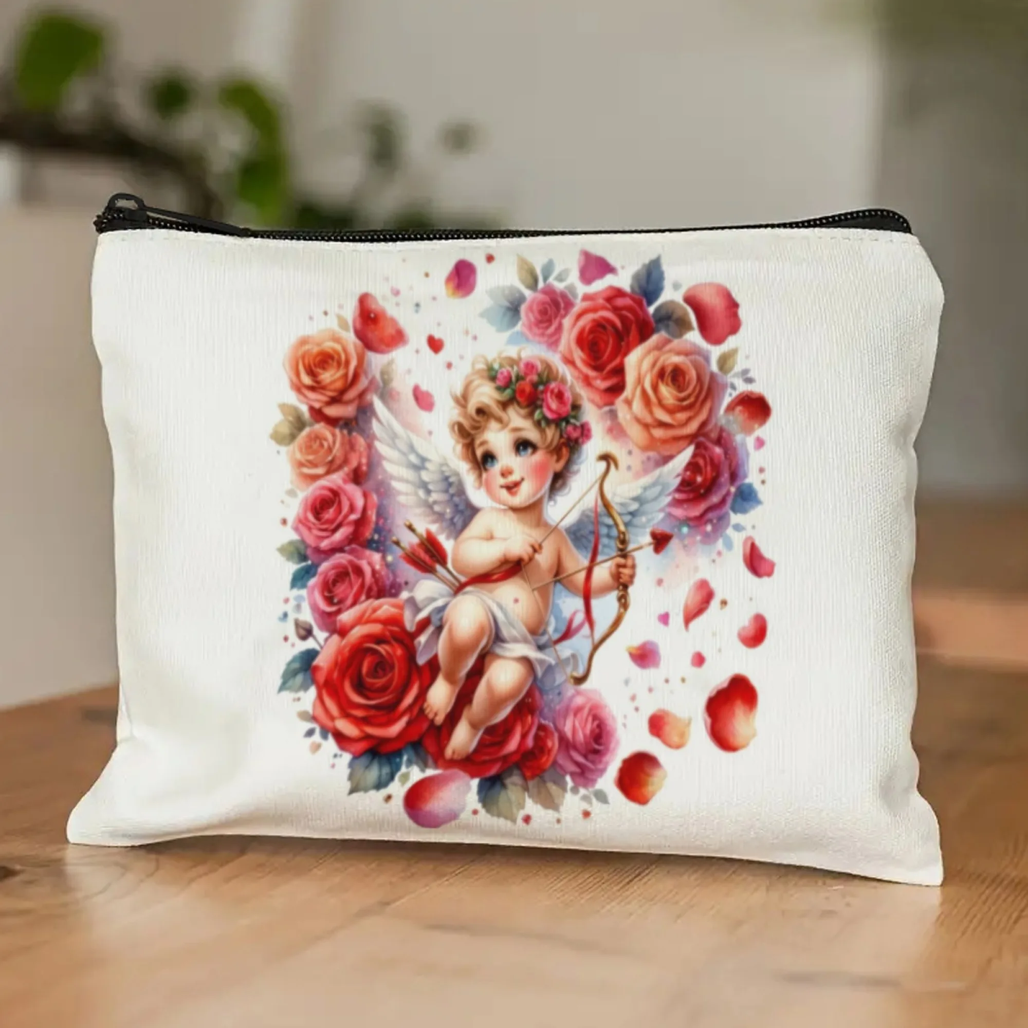 

Romantic Love Theme Cosmetic Bag Cupid & Roses Embroidery Design for Anniversary Dates Valentine's Day & Daily Travel Use